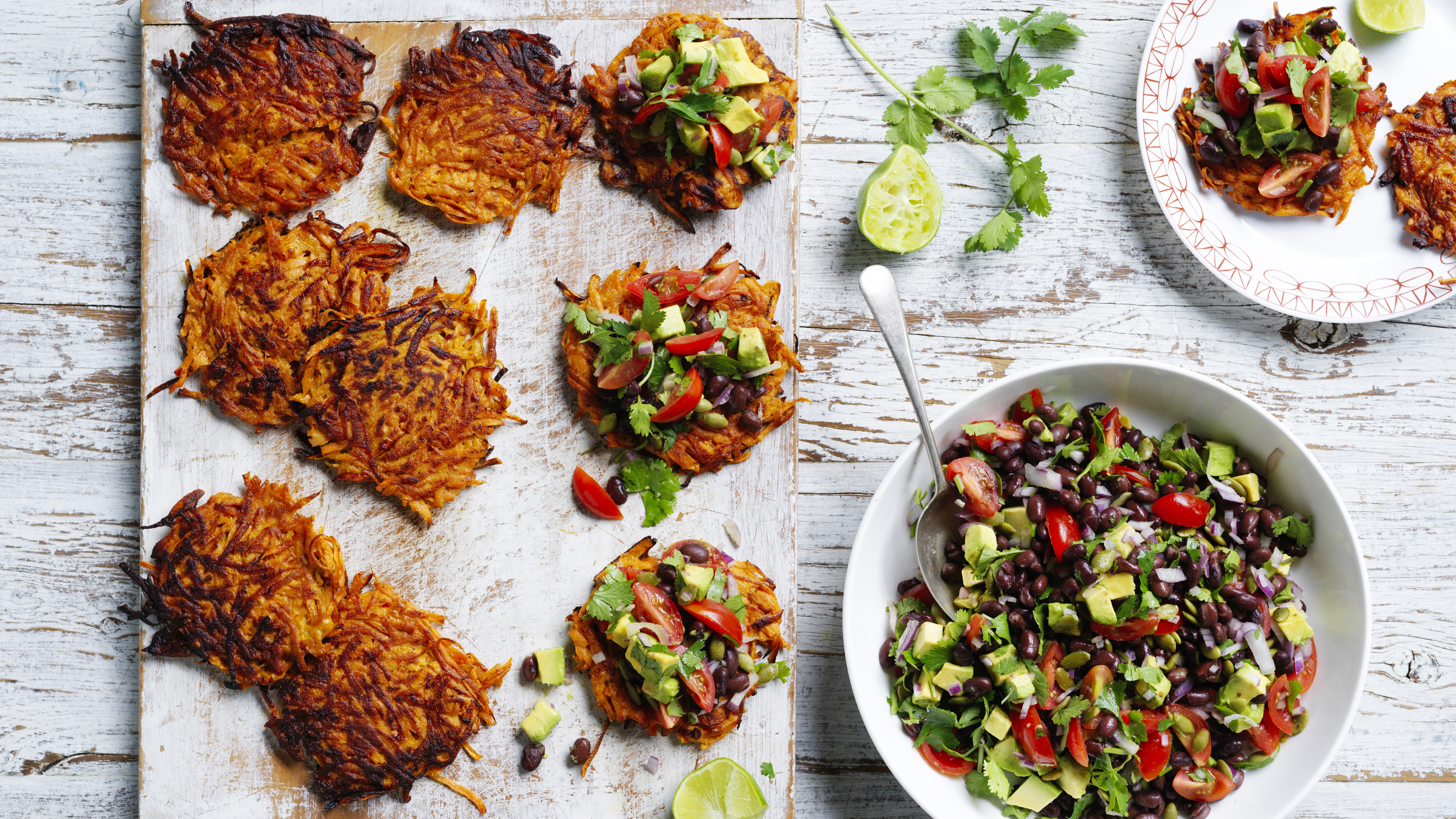 Sweet potato hash browns with bean salsa