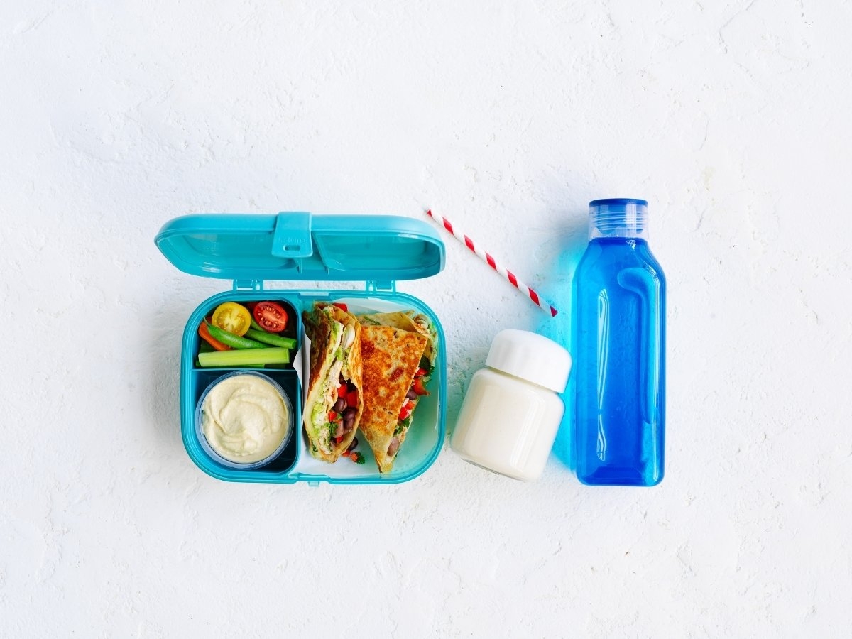 Mexican chicken quesadilla wrap, Cherry tomatoes & cucumber slices, Hummus dip, Banana oat smoothie, Water bottle