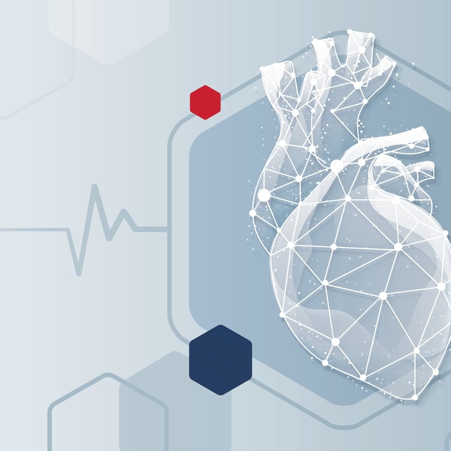 Hexagonal medical-themed design on a light blue background, featuring icons of a heart, stethoscope, hospital, and medicine