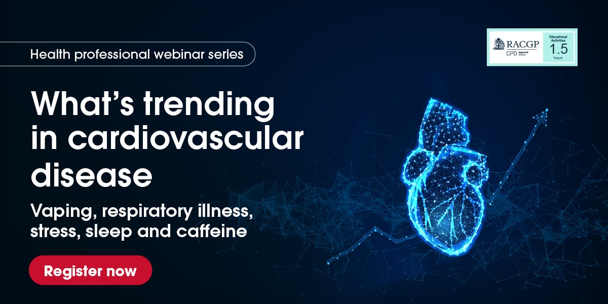 a light blue and white image of a heart on a dark blue background with white text on the side " What's trending in cardiovascular disease 