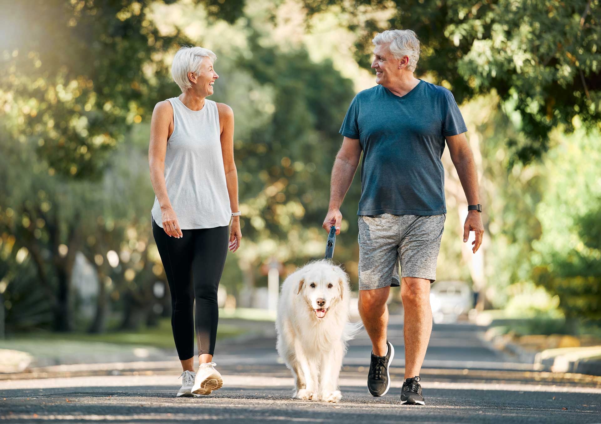 An older couple walking with their dog.