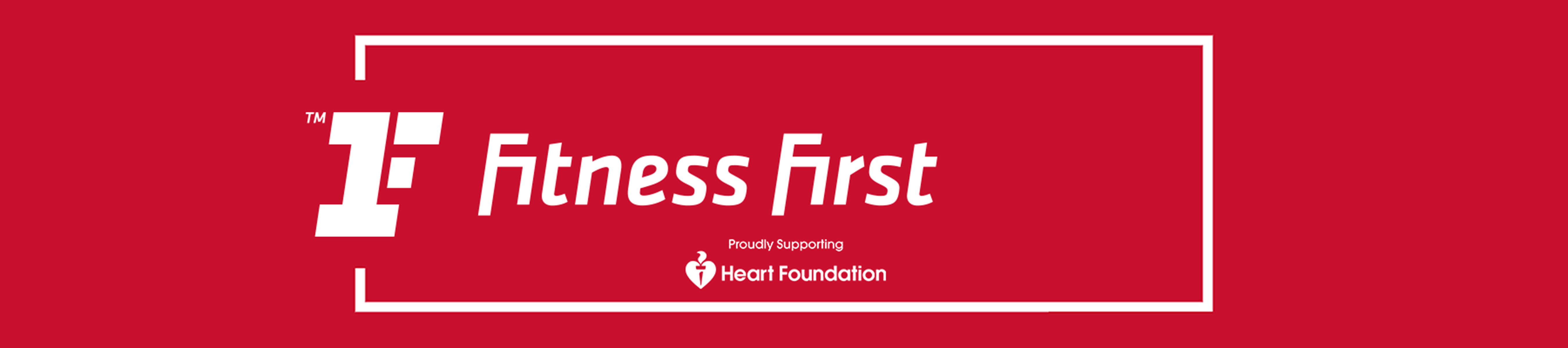 A bright red banner announcing the Fitness First, proudly supporting Heart Foundation