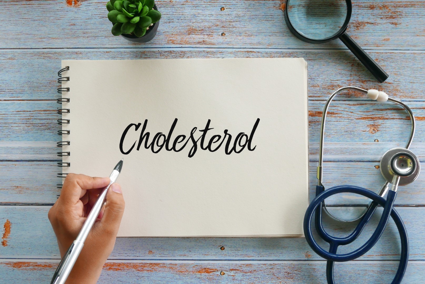 Pen hovering over page where the word Cholesterol is written