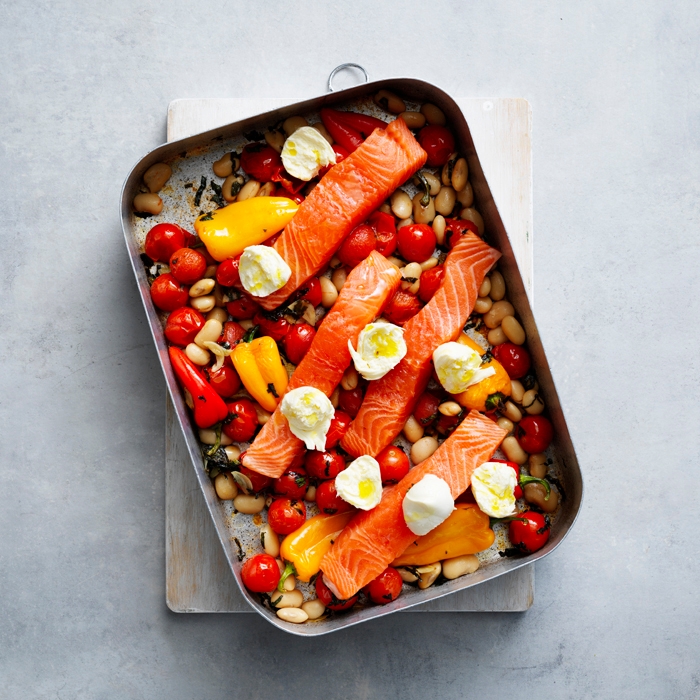 baked vegetables and beans in a tray