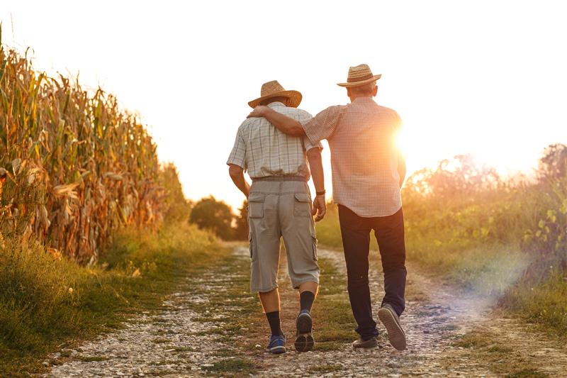 two men walking arm in arm as the sun sets