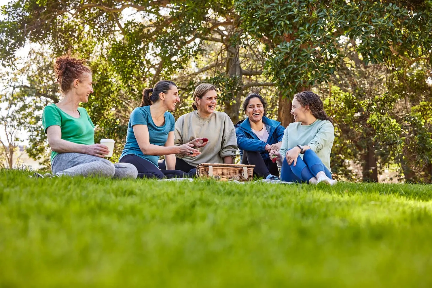 Group of five women sitting on park lawn