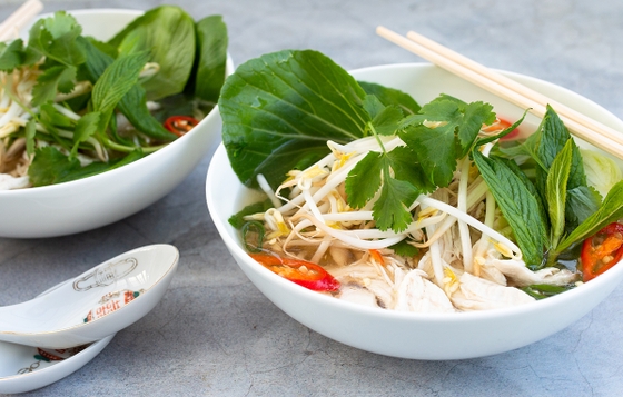 Two bowls of Chicken Vietnamese Pho.