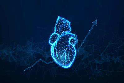 Blue graphic heart with trend line going up