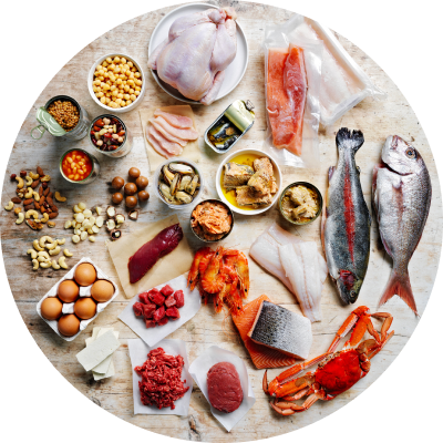 Circular image of a range of protein-rich food, including chicken, fish, eggs, tofu and nuts