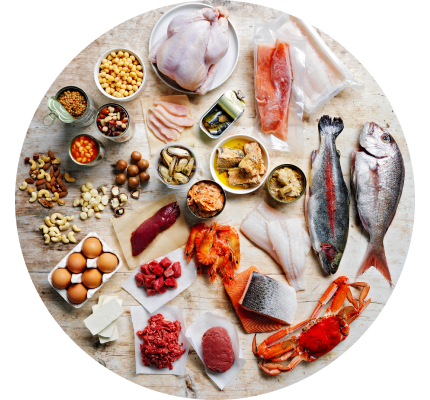 Circular image of a range of protein-rich food, including chicken, fish, eggs, tofu and nuts