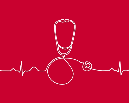 White line stethoscope illustration on red background 