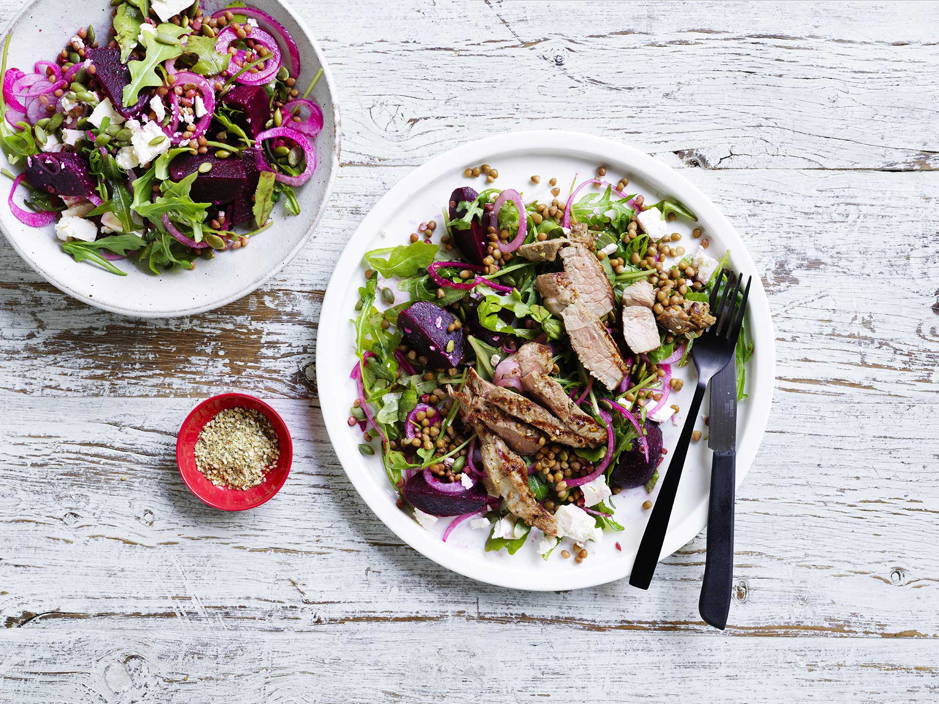 Dukkah lamb beetroot lentil salad