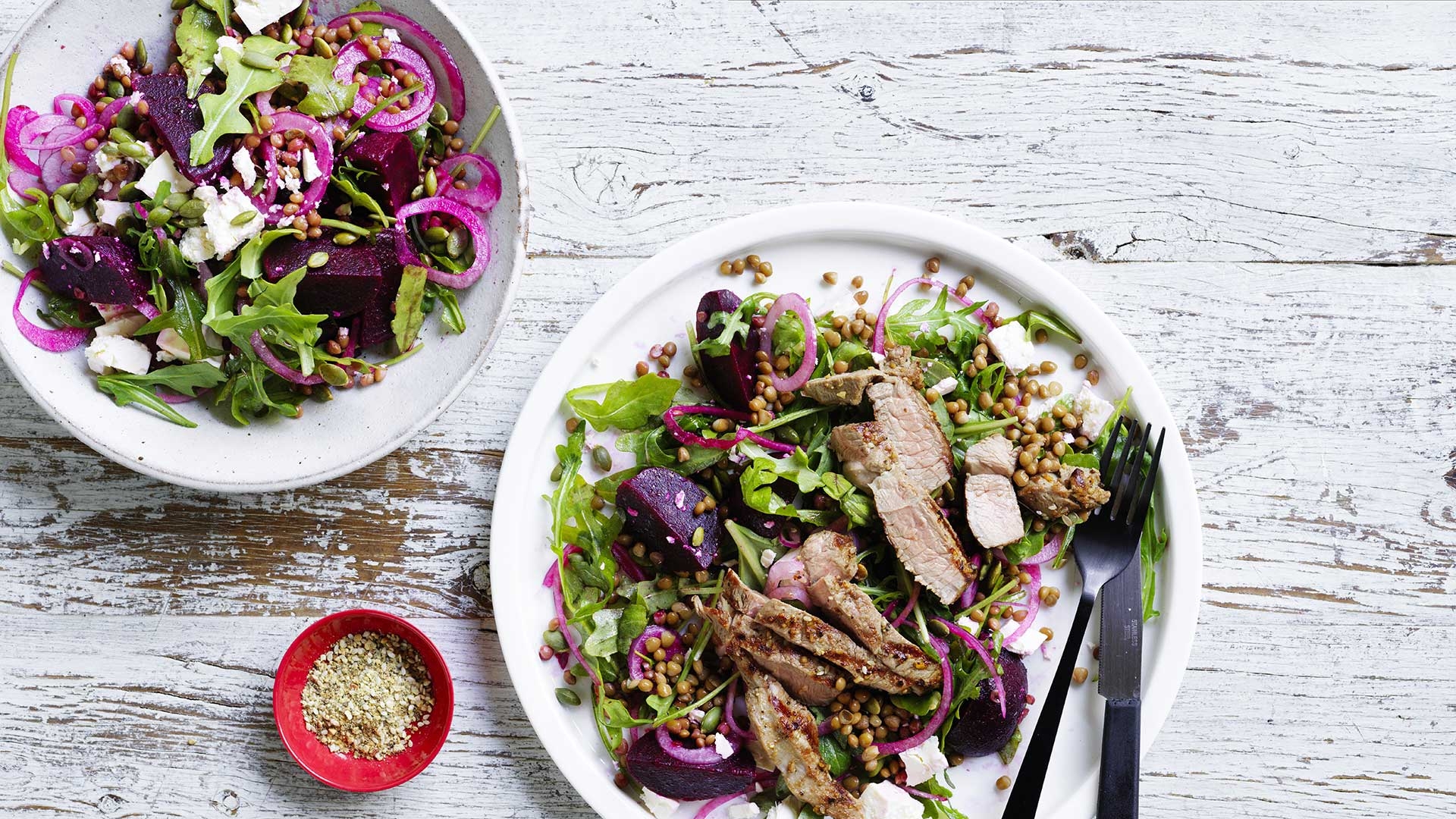 Dukkah lamb beetroot lentil salad