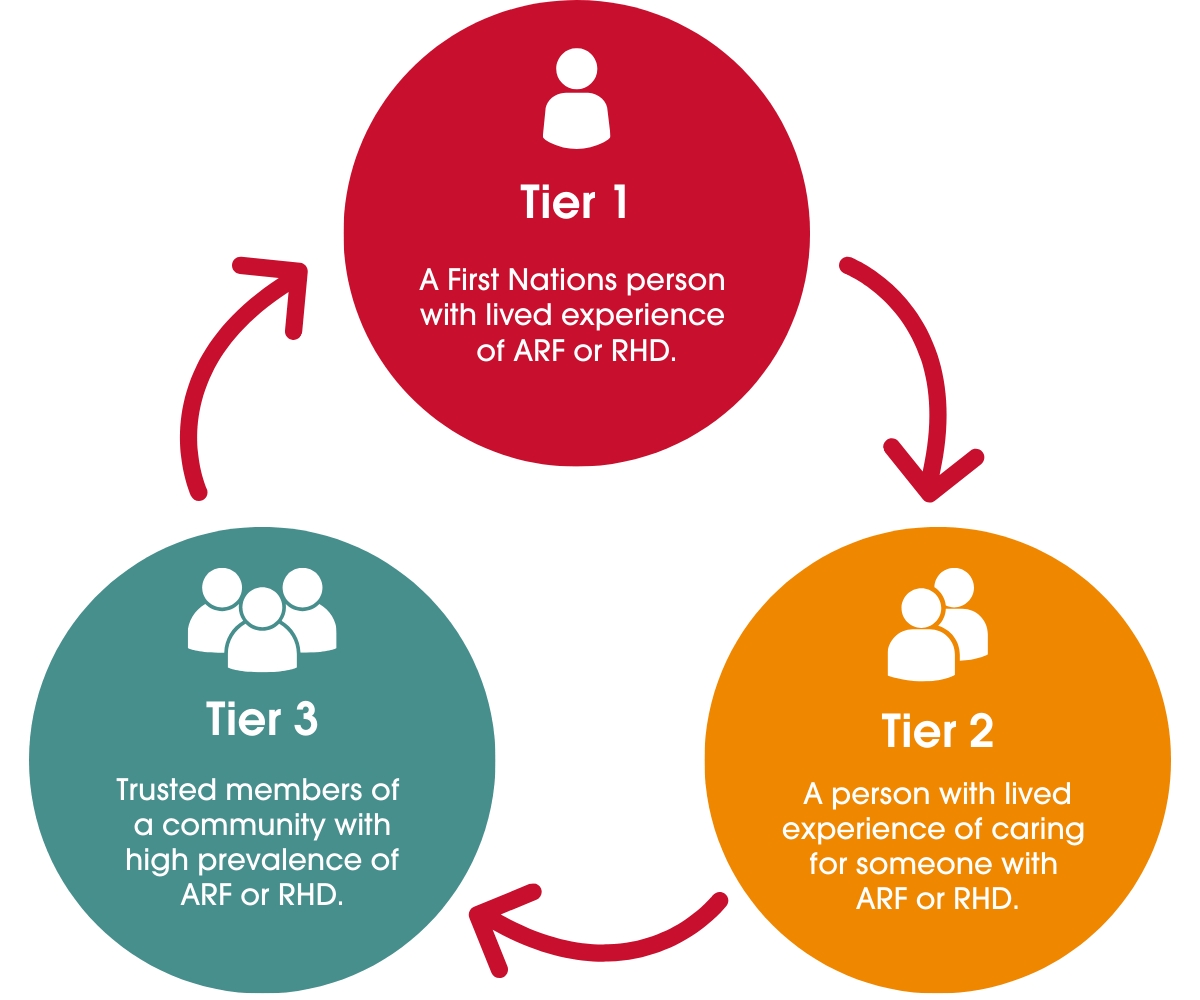 Informational graphic titled ‘Who can become a Champion?’ with a subtitle explaining eligibility for the Champions4Change program. It lists three tiers: Tier 1: First Nations person with lived experience of ARF or RHD. Tier 2: Person with lived experience of caring for someone with ARF or RHD. Tier 3: Community members from areas with high ARF or RHD prevalence, healthcare workers supporting patients, and professional allies who want to contribute to ending RHD. The graphic emphasizes that different tiers allow tailored opportunities and support for each group.
