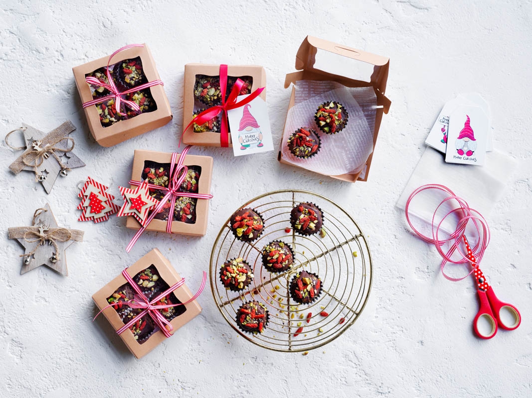 Fruit and nut Brownie cups in a Christmas table setting