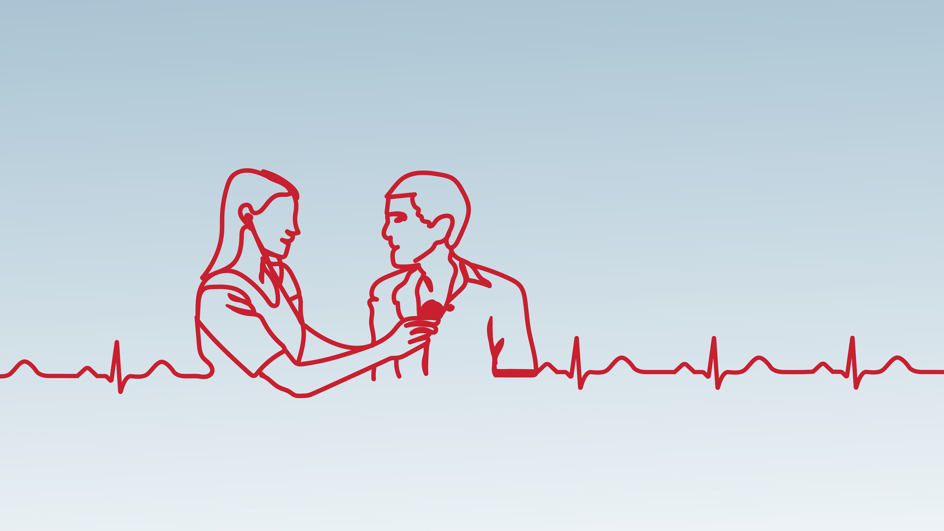 ed line art illustration of a healthcare professional using a stethoscope to listen to a patient's chest, with a heart rate line extending across the image on a light blue gradient background.