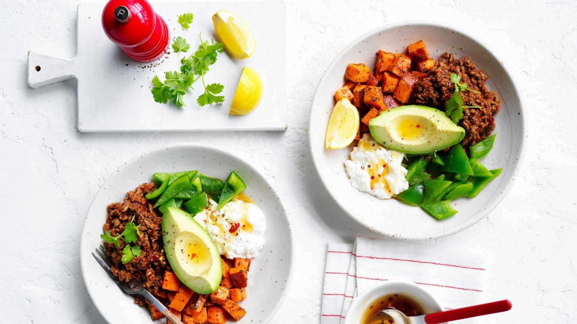 Beef with capsicum avocado cottage cheese and sweet potato in bowl