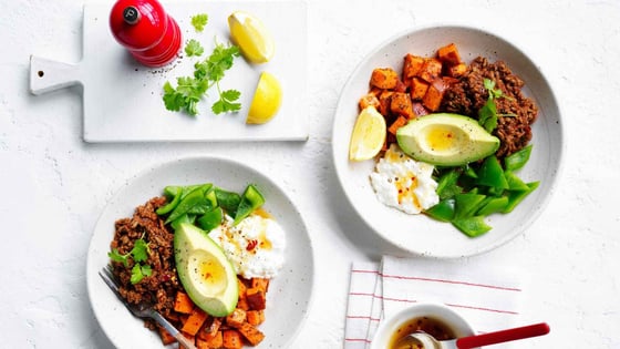 Beef with capsicum avocado cottage cheese and sweet potato in bowl
