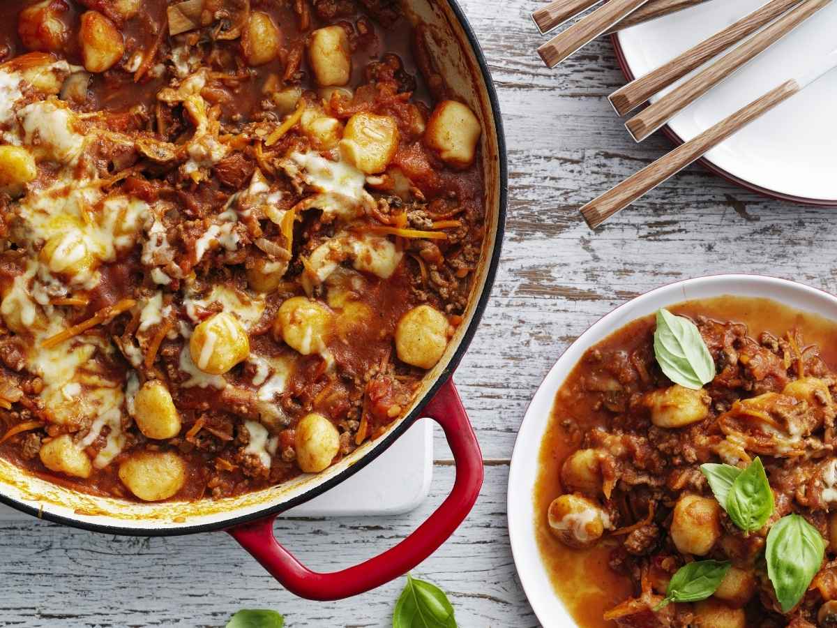 One pan gnocchi bolognese served in a pan