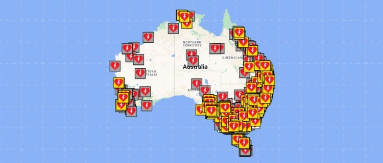 A map of Australia with AEDs marked across the country