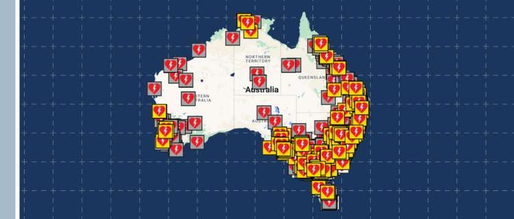 A map of Australia with AEDs marked across the country