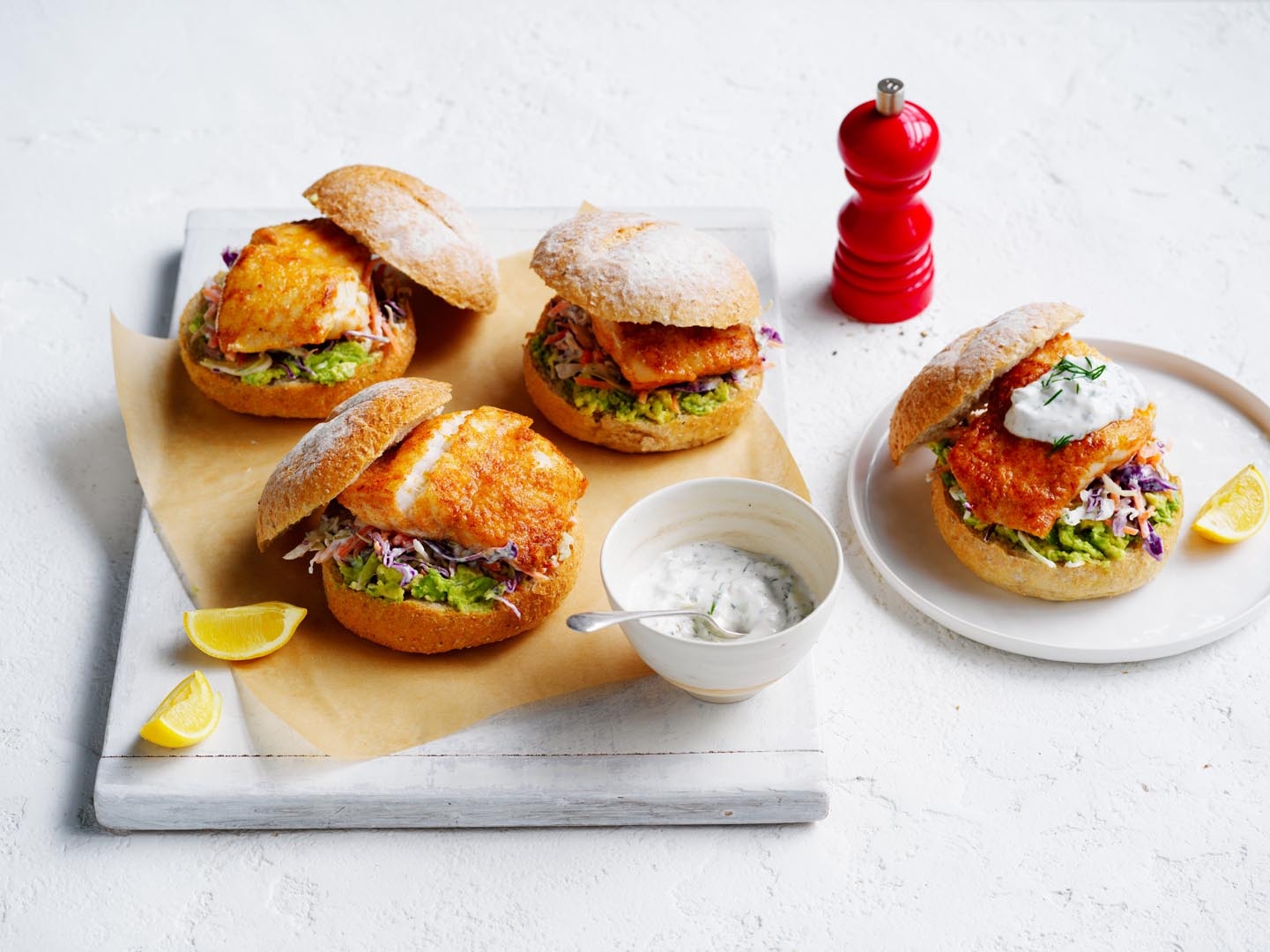 Fish burgers with pickled dill slaw