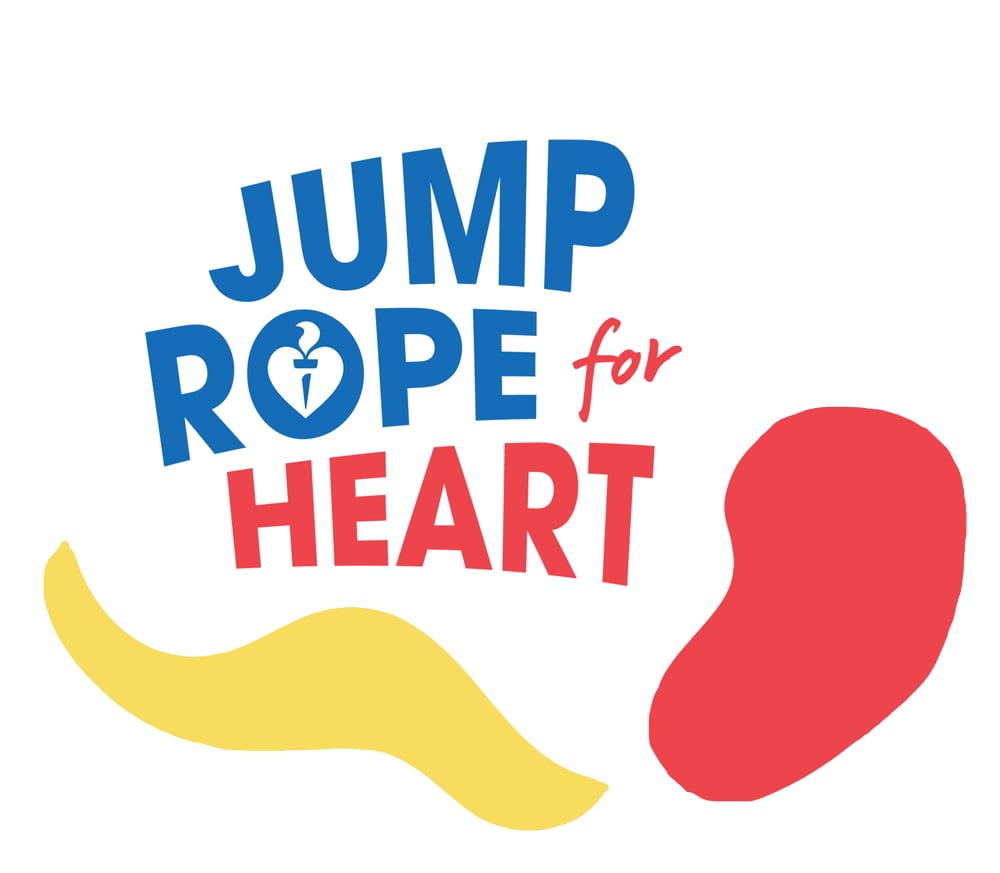 Logo: Jump Rope for Heart on white, red and yellow blob background