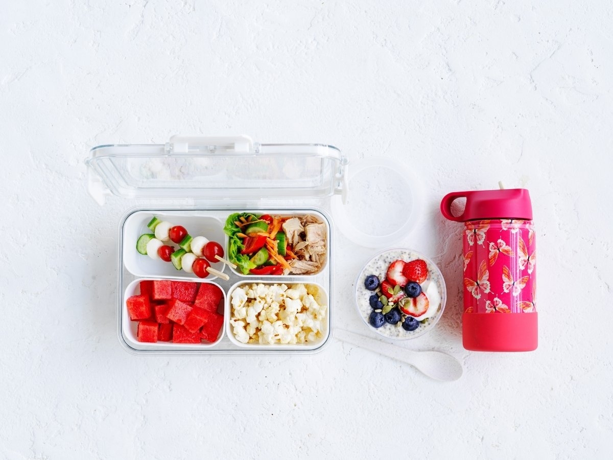 Overnight oats, Tuna and salad, Chopped watermelon, Mini veggie & cheese skewers, Plain air-popped popcorn, Water bottle
