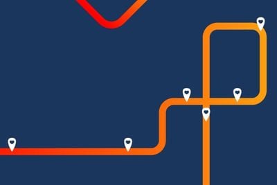 Map graphic with dark blue background red and orange road lines and location pin icons