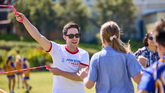 Luke Boon, supporting the Jump Rope for Heart program, turning a long skipping rope