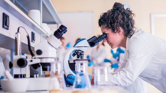An early career researcher looking through a microscope