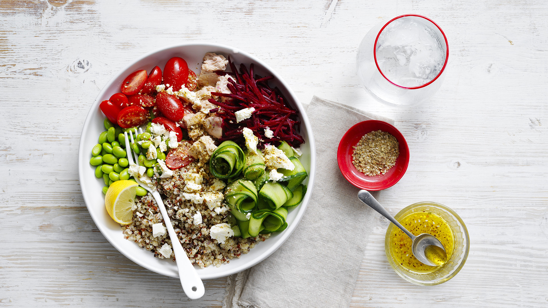 Dukka tuna and quinoa salad bowl served in a bowl