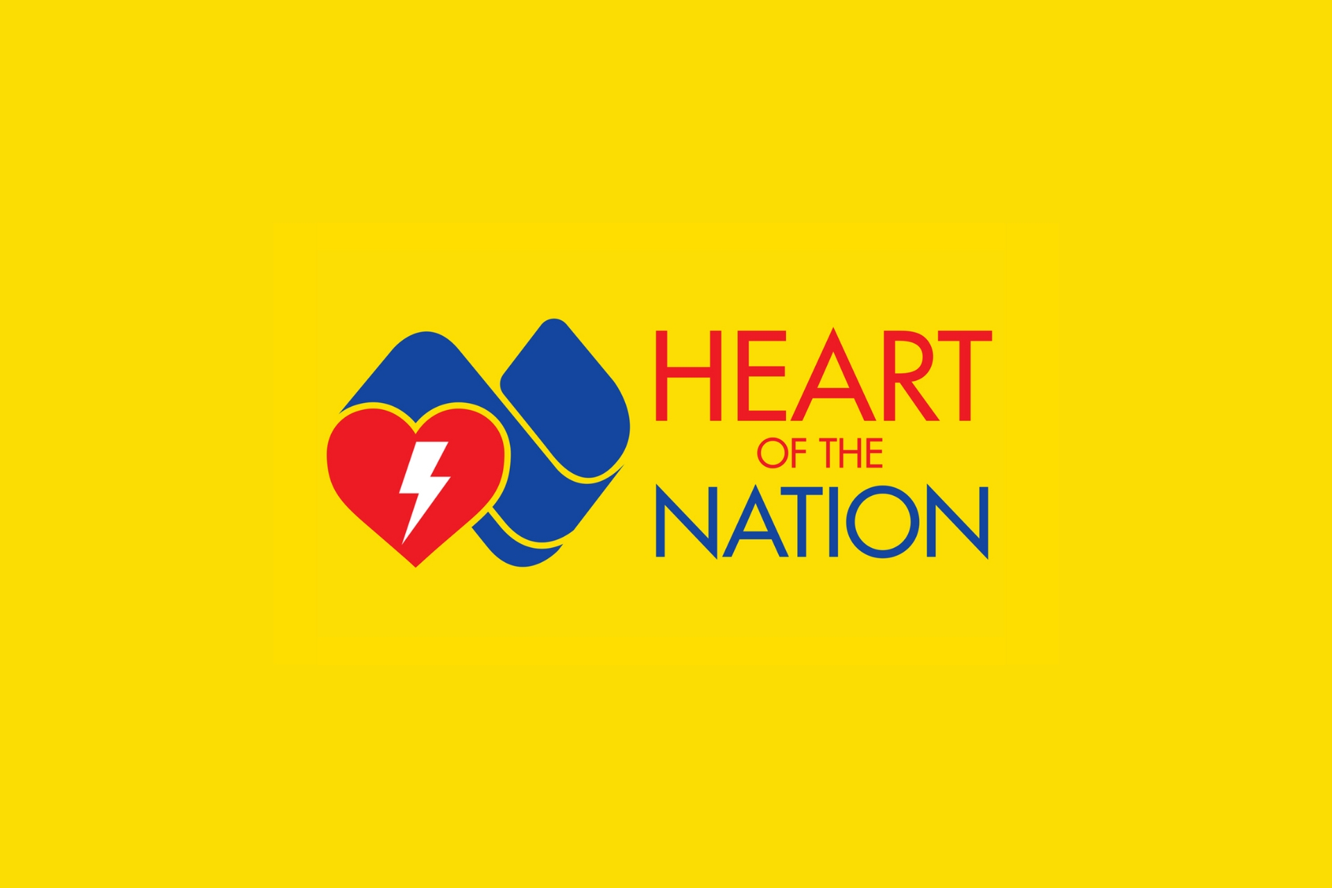 A yellow tile with the blue and red Heart of the Nation logo, including an icon of Australia overlapping with the AED heart symbol