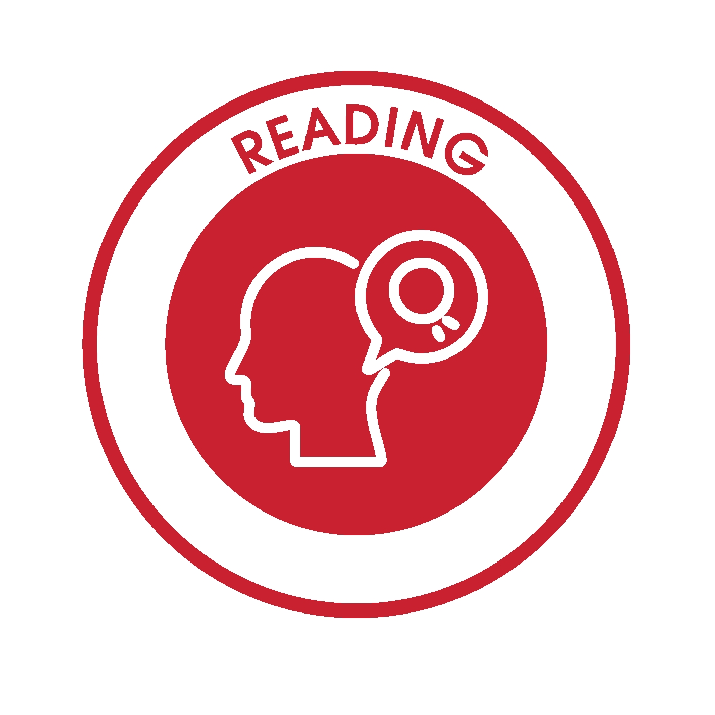Red icon of looking glass next to a person's head symbolizing reading