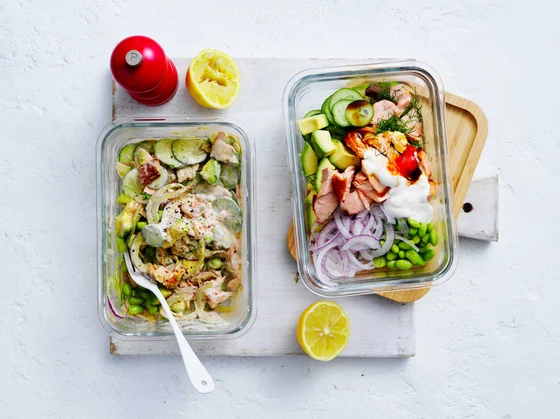Meal prep crispy salmon and edamame salad