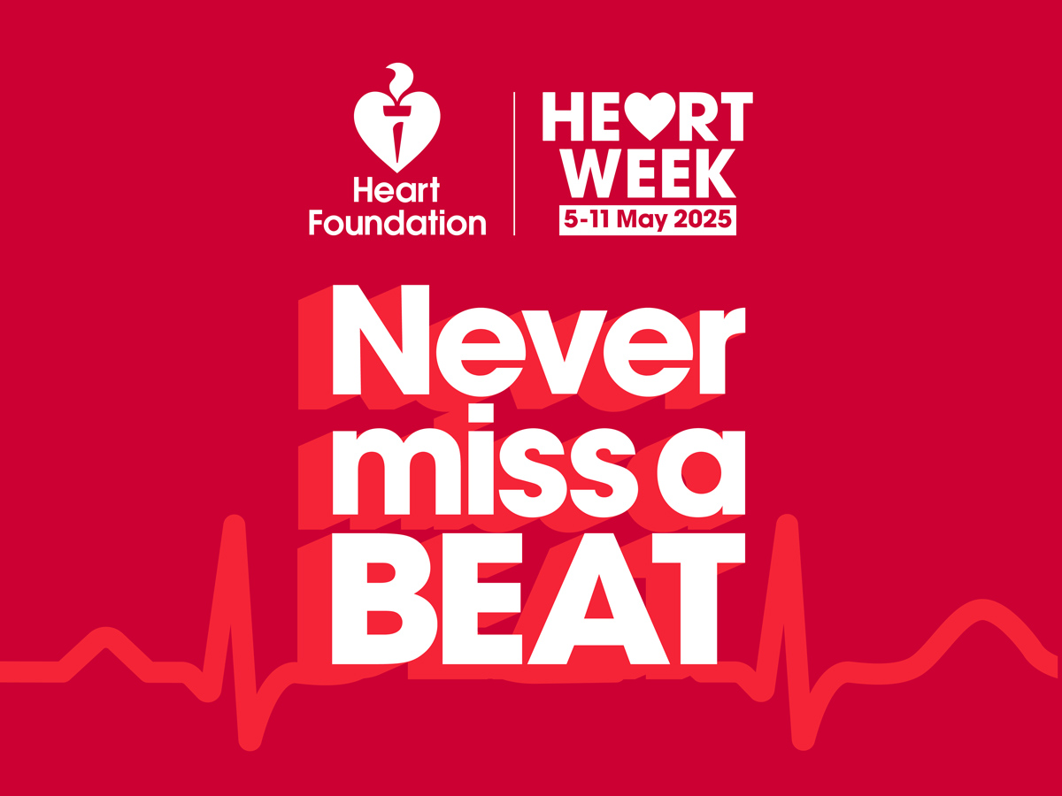 Heart Foundation Heart Week 5–11 May 2025 promotional graphic with the slogan 'Never miss a BEAT' in bold white and red text over a red background, featuring a heart rate line and the Heart Foundation logo.