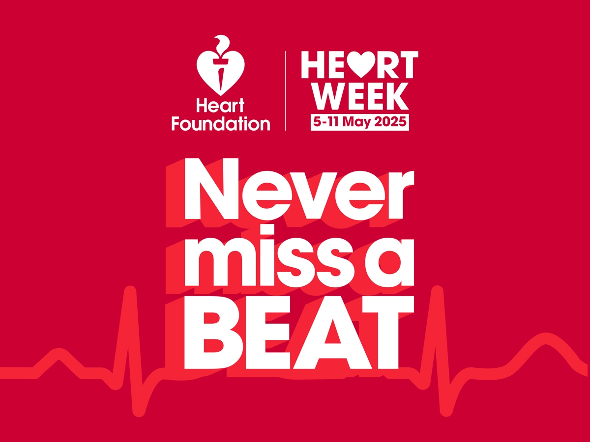 Heart Foundation Heart Week 5–11 May 2025 promotional graphic with the slogan 'Never miss a BEAT' in bold white and red text over a red background, featuring a heart rate line and the Heart Foundation logo.