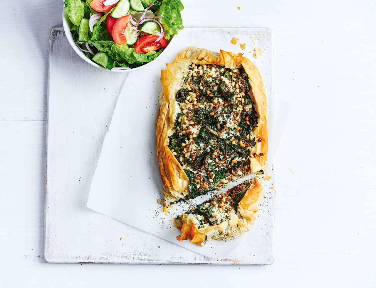 Silverbeet and Lentil Pie with a side bowl of salad