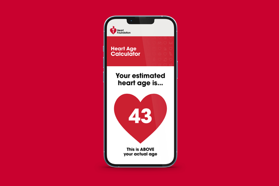Heart Age Calculator reads "Your estimated heart age is... 43"