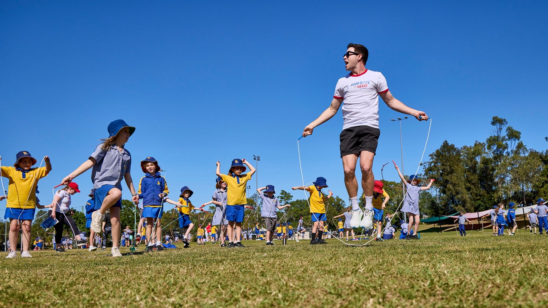 Jump Rope for Heart ambassador Luke Boon running a skipping session at a primary school