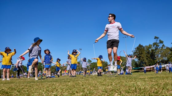 Jump Rope for Heart ambassador Luke Boon running a skipping session at a primary school