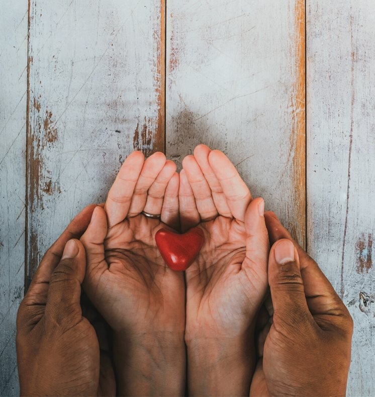 Two hands holding a red heart.