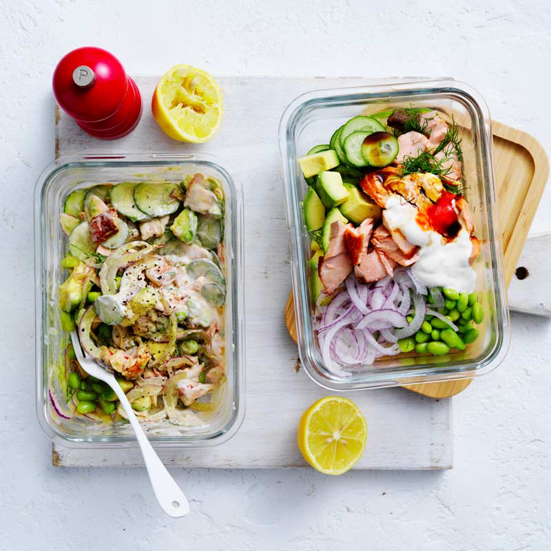 Salmon and edamame salad in container