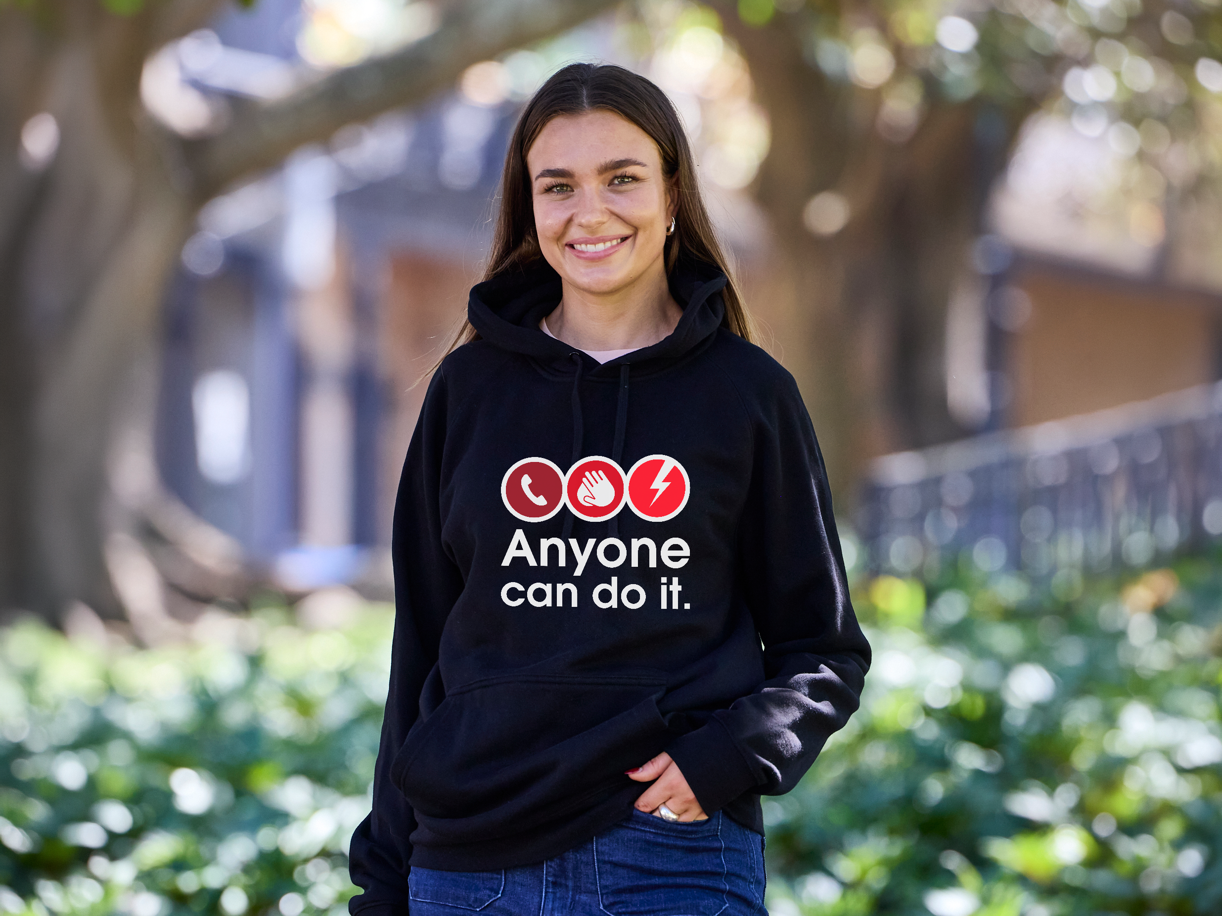 woman wearing a call push shock hoodie