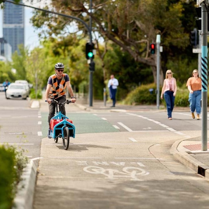 Person riding a cargo bicycle along a protected bike lane.