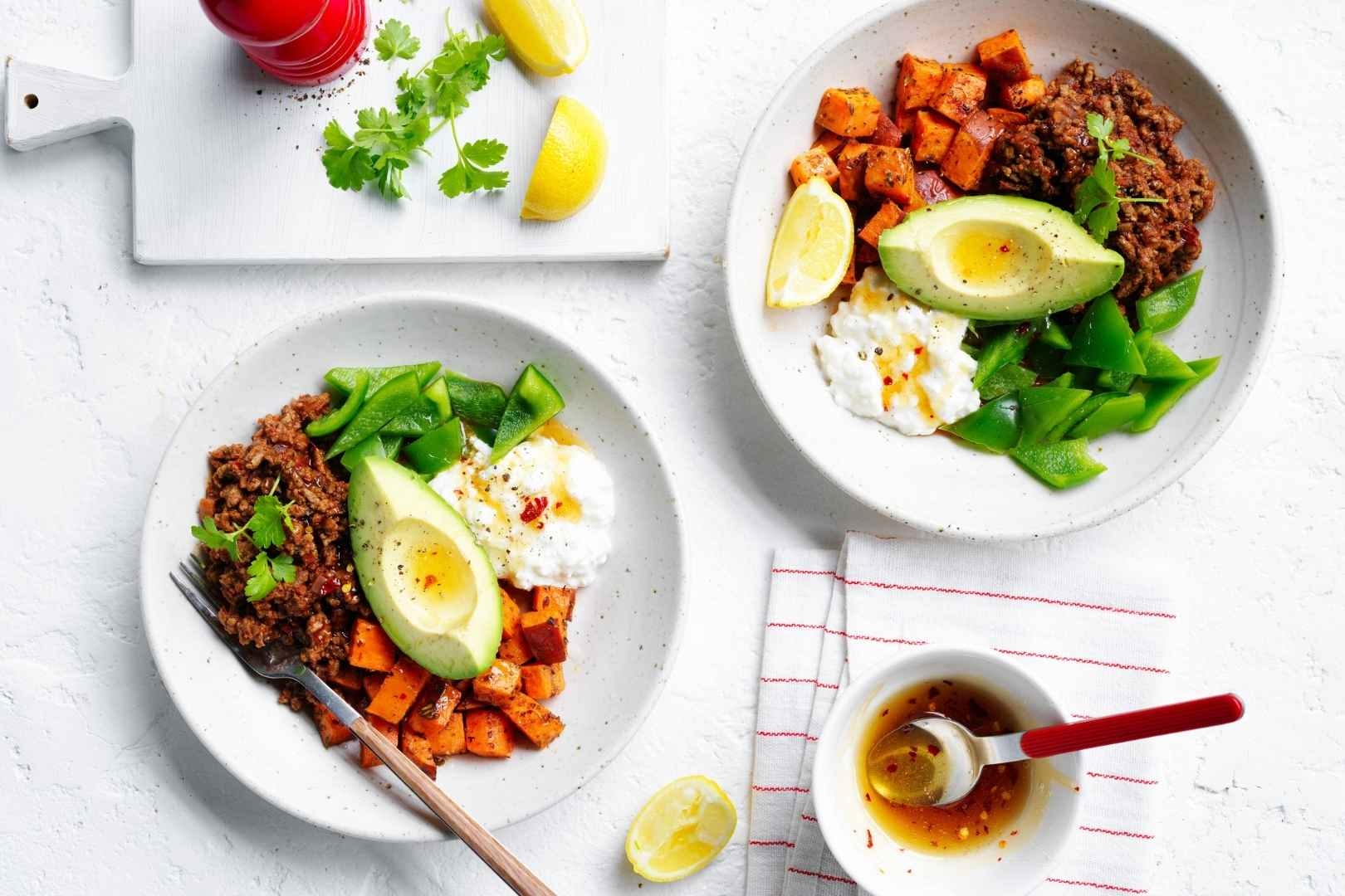Greek style beef with avocado and lemon in a bowl