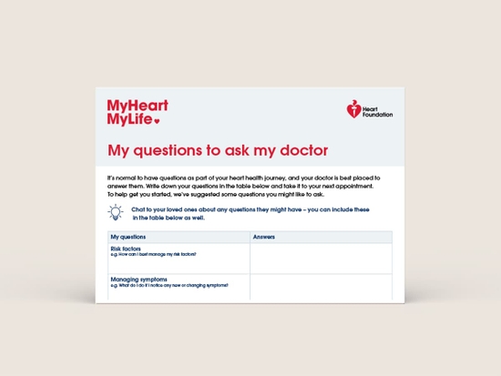 Graphic of the MyHeart MyLife 'My questions to ask my doctor' printable resource
