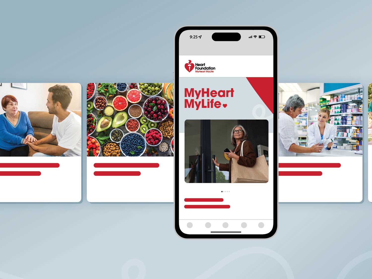 Mobile phone view of different screens of MyHeart MyLife program
