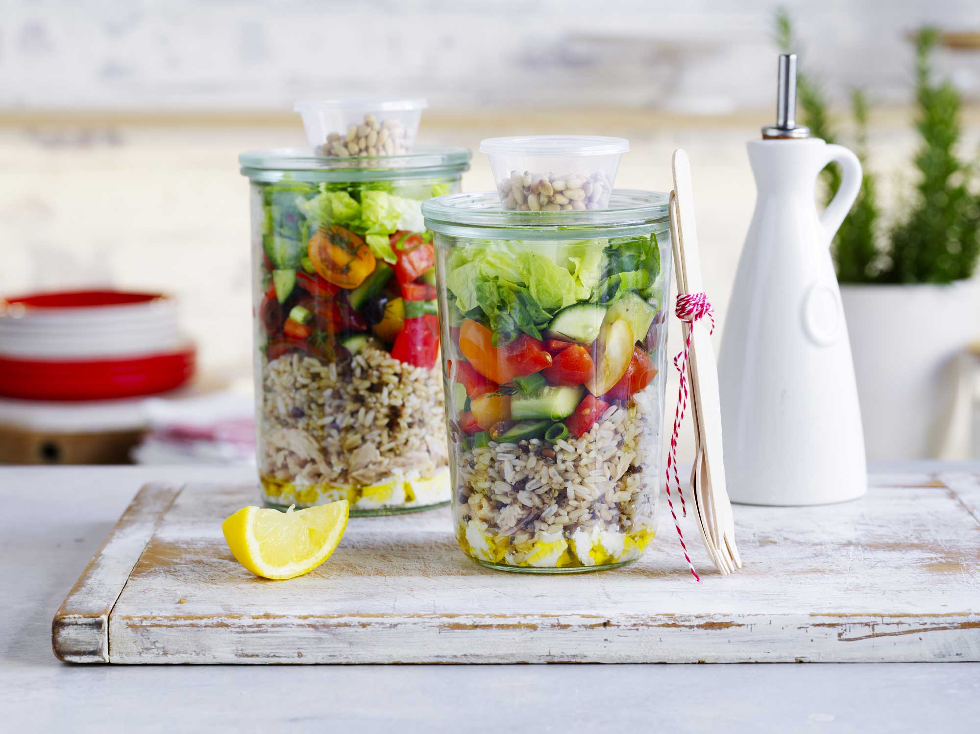 Two jars filled with fresh salad