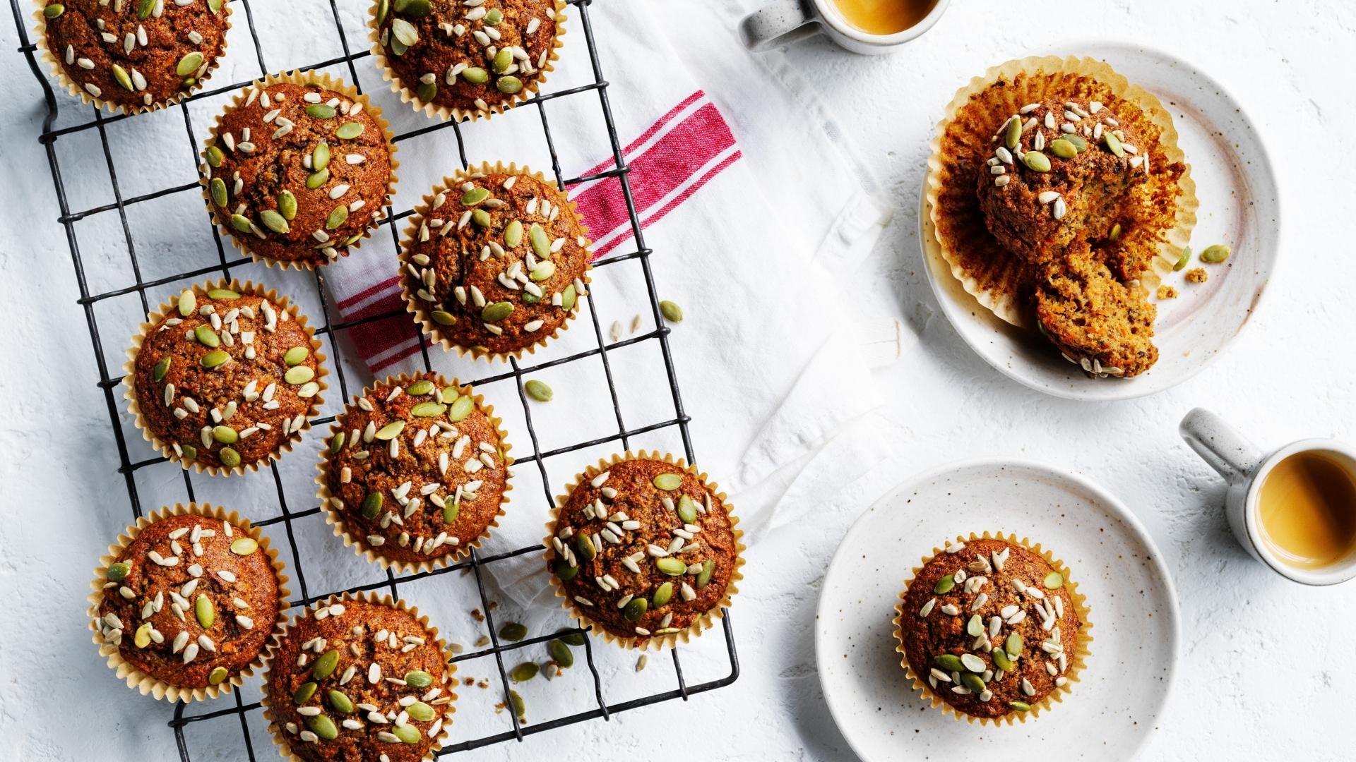 Moist carrot cake muffins rich in fibre and healthy fats